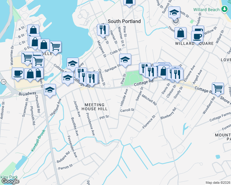 map of restaurants, bars, coffee shops, grocery stores, and more near 244 Cottage Road in South Portland