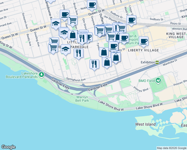 map of restaurants, bars, coffee shops, grocery stores, and more near 18 Spencer Avenue in Toronto