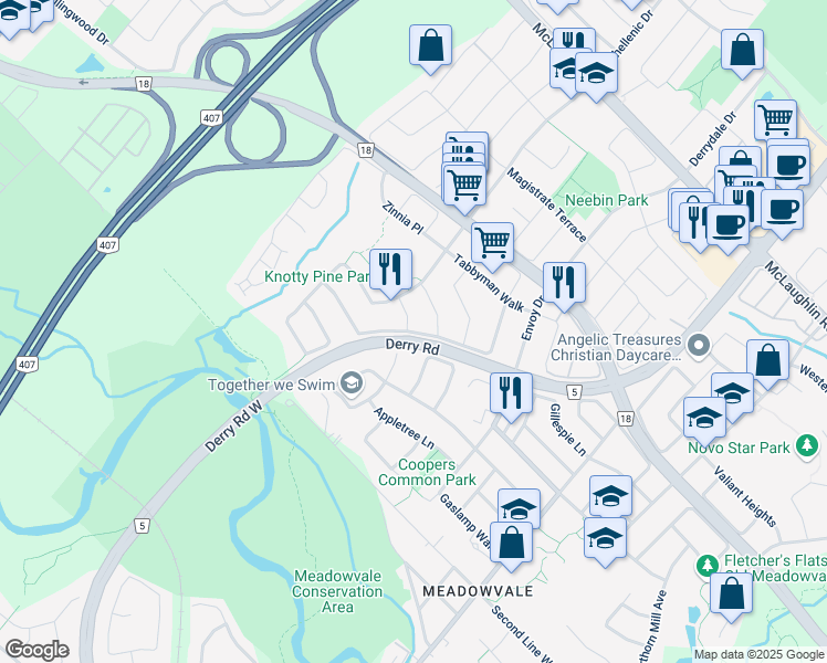 map of restaurants, bars, coffee shops, grocery stores, and more near Lantern Fly Hollow in Mississauga