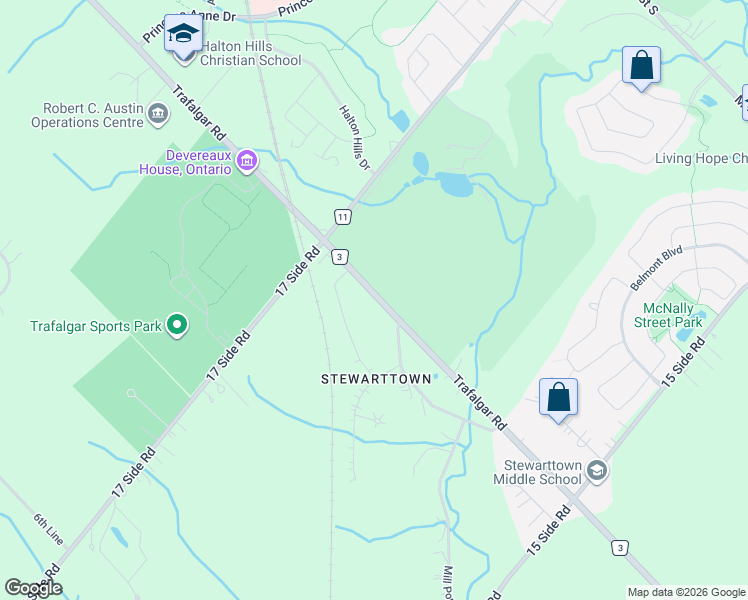 map of restaurants, bars, coffee shops, grocery stores, and more near 11306 Trafalgar Road in Halton Hills