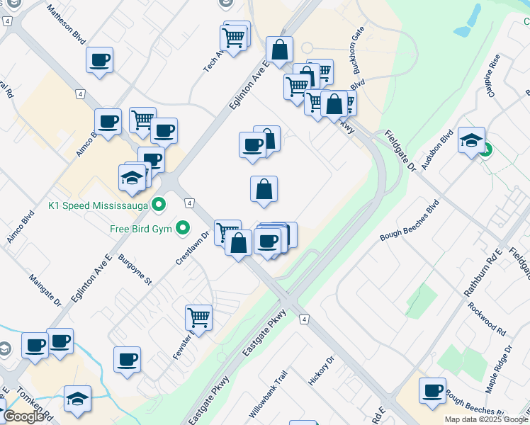 map of restaurants, bars, coffee shops, grocery stores, and more near 1575 South Gateway Road in Mississauga