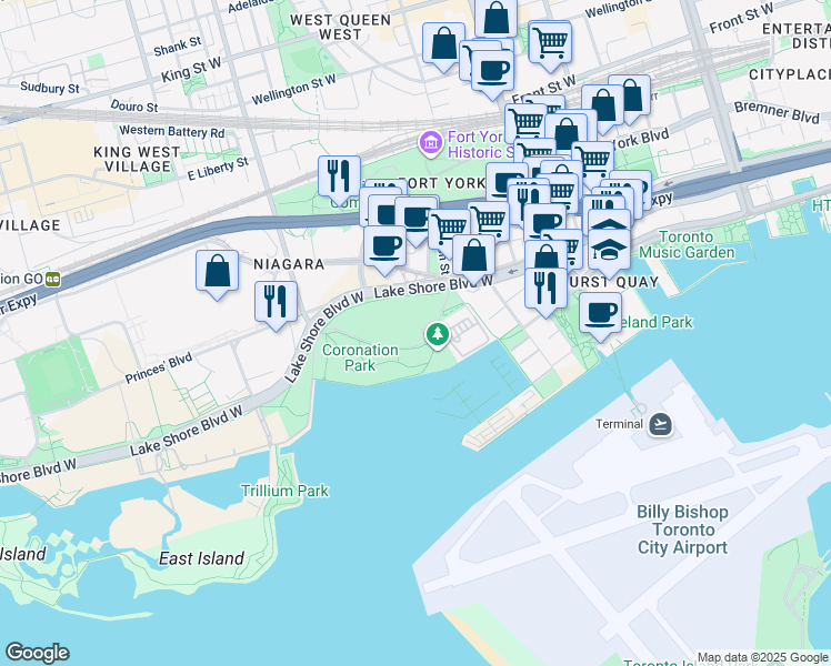 map of restaurants, bars, coffee shops, grocery stores, and more near 711 Lake Shore Boulevard West in Toronto