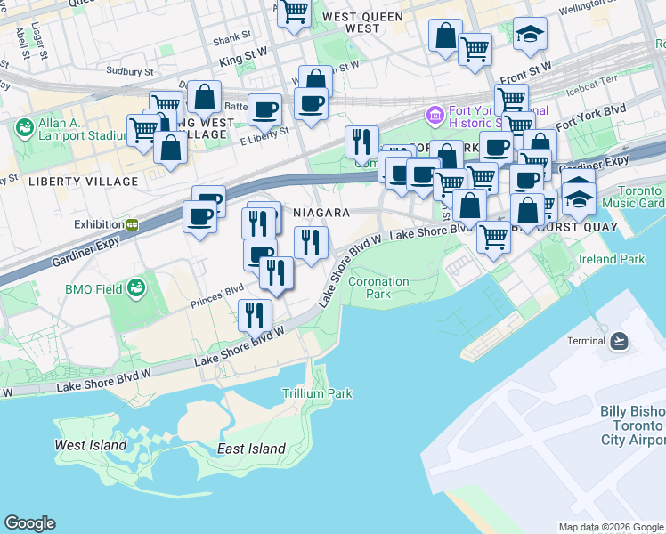 map of restaurants, bars, coffee shops, grocery stores, and more near 750 Lake Shore Boulevard West in Toronto