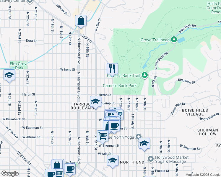 map of restaurants, bars, coffee shops, grocery stores, and more near 2115 North 13th Street in Boise