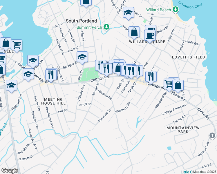 map of restaurants, bars, coffee shops, grocery stores, and more near 15 Homestead Avenue in South Portland