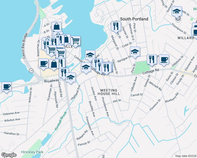 map of restaurants, bars, coffee shops, grocery stores, and more near 6 Highland Avenue in South Portland