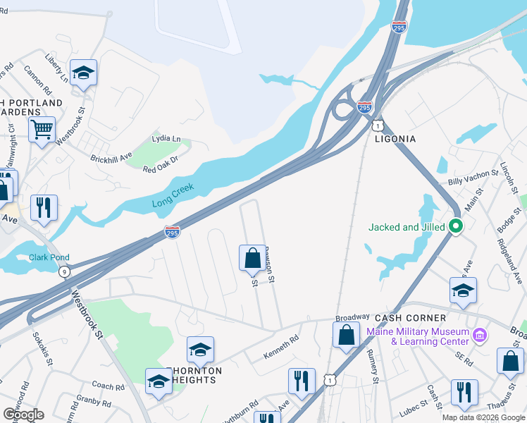 map of restaurants, bars, coffee shops, grocery stores, and more near 14 Dawson Street in South Portland