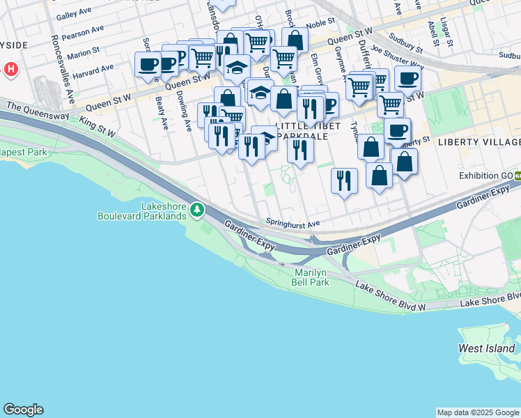 map of restaurants, bars, coffee shops, grocery stores, and more near 22 Close Avenue in Toronto