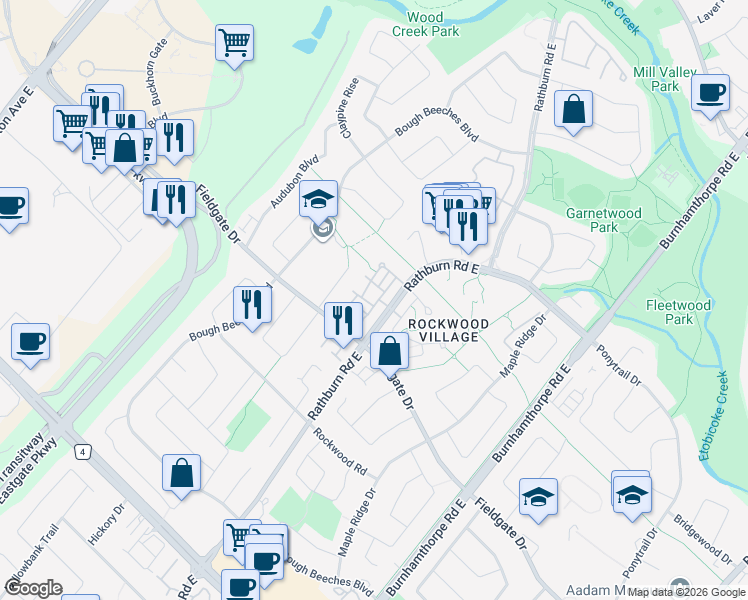 map of restaurants, bars, coffee shops, grocery stores, and more near in Mississauga