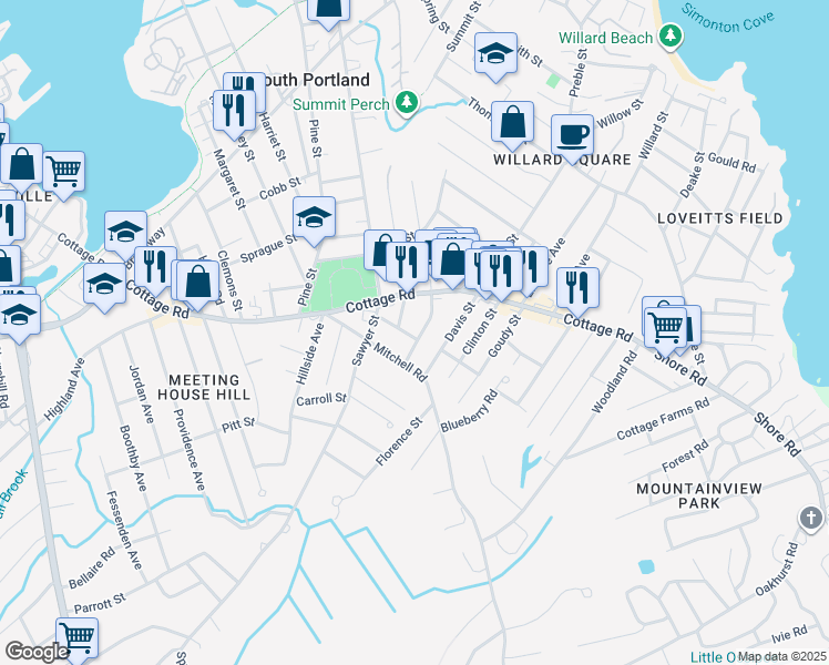 map of restaurants, bars, coffee shops, grocery stores, and more near 15 Homestead Avenue in South Portland