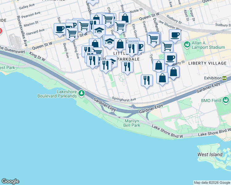 map of restaurants, bars, coffee shops, grocery stores, and more near 22 Close Avenue in Toronto