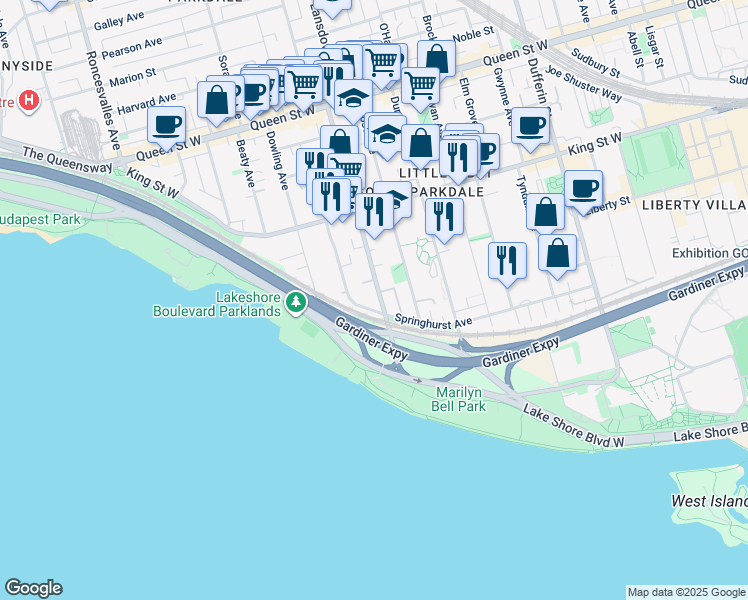 map of restaurants, bars, coffee shops, grocery stores, and more near 90 Springhurst Avenue in Toronto