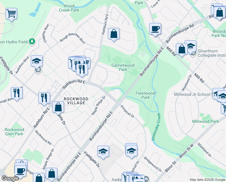 map of restaurants, bars, coffee shops, grocery stores, and more near 4040 Lookout Court in Mississauga
