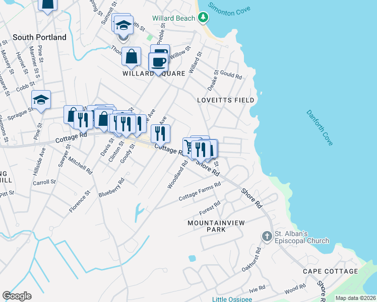 map of restaurants, bars, coffee shops, grocery stores, and more near 22 Boyd Road in South Portland