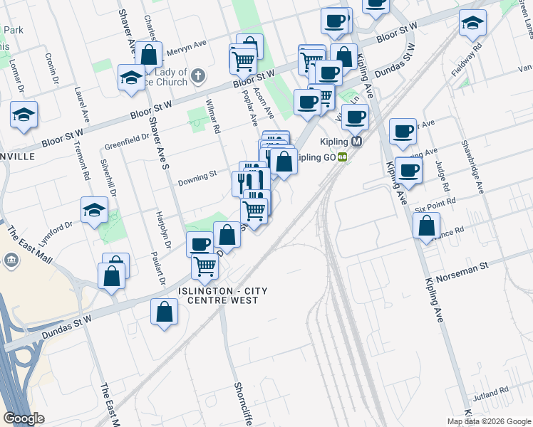 map of restaurants, bars, coffee shops, grocery stores, and more near 30 Samuel Wood Way in Toronto