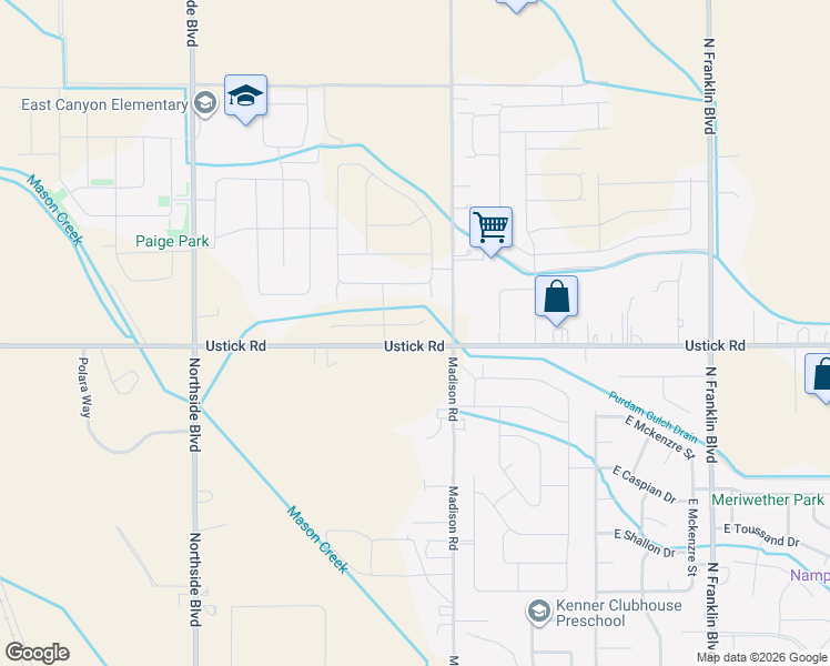 map of restaurants, bars, coffee shops, grocery stores, and more near 8620 Ustick Road in Nampa