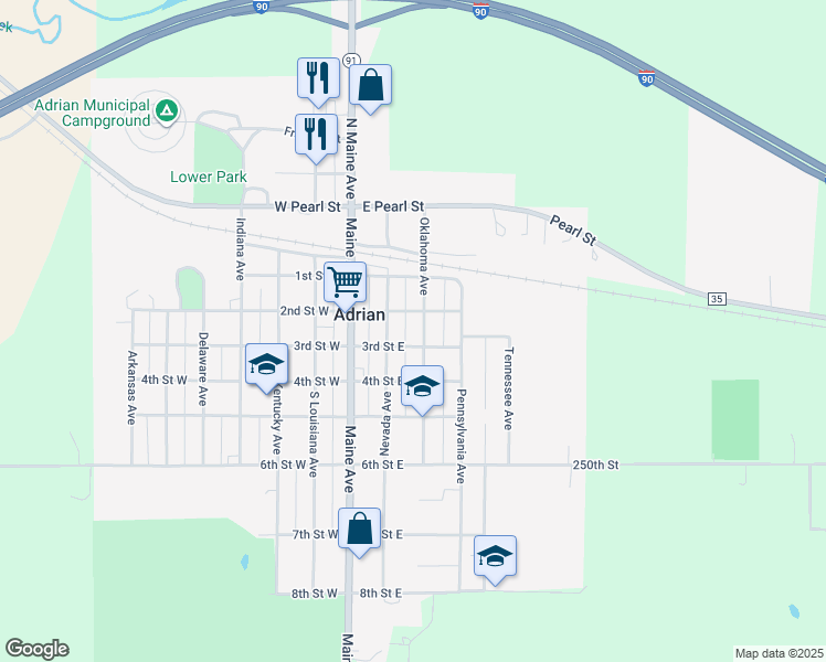 map of restaurants, bars, coffee shops, grocery stores, and more near 208 2nd Street East in Adrian