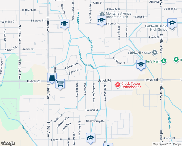 map of restaurants, bars, coffee shops, grocery stores, and more near 3912 Washington Avenue in Caldwell