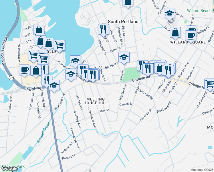 map of restaurants, bars, coffee shops, grocery stores, and more near in South Portland