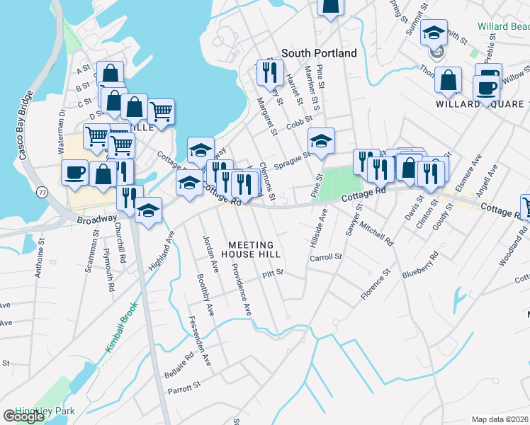 map of restaurants, bars, coffee shops, grocery stores, and more near in South Portland