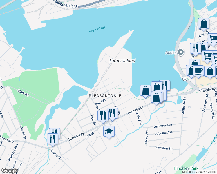 map of restaurants, bars, coffee shops, grocery stores, and more near 33 Forest Avenue in South Portland