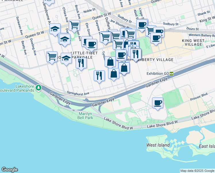 map of restaurants, bars, coffee shops, grocery stores, and more near in Toronto
