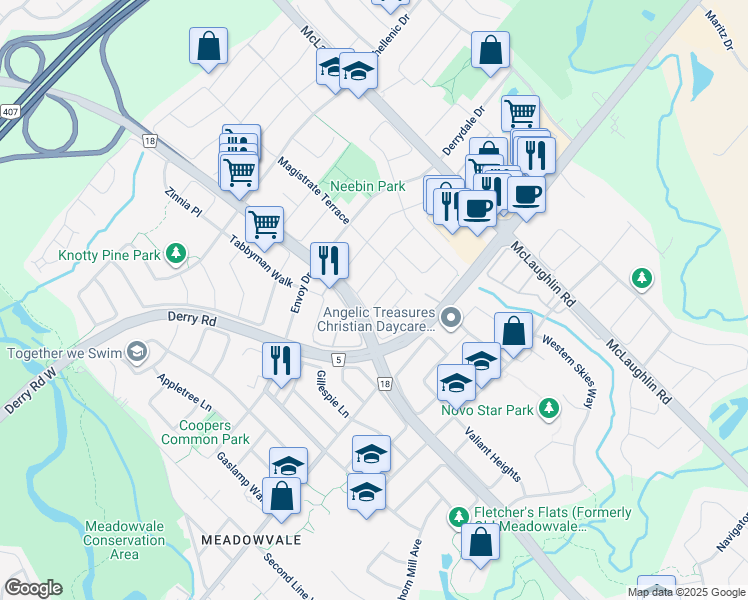 map of restaurants, bars, coffee shops, grocery stores, and more near in Mississauga