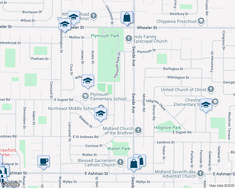 map of restaurants, bars, coffee shops, grocery stores, and more near 4107 Robinhood Terrace in Midland