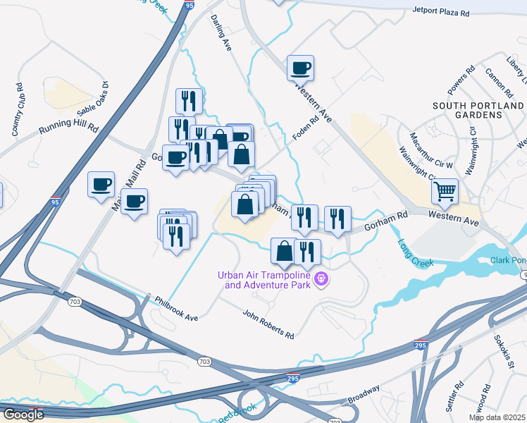 map of restaurants, bars, coffee shops, grocery stores, and more near 415 Philbrook Avenue in South Portland