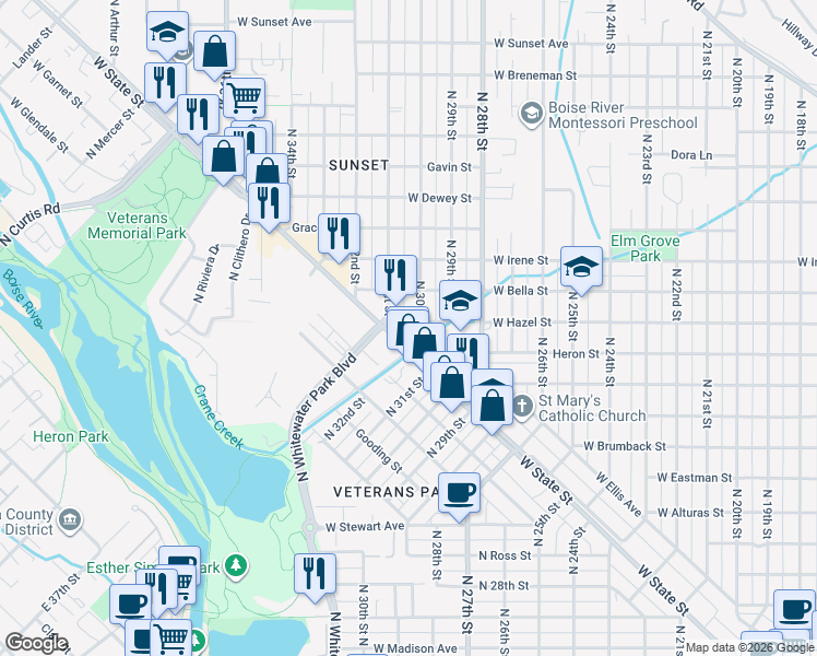 map of restaurants, bars, coffee shops, grocery stores, and more near in Boise