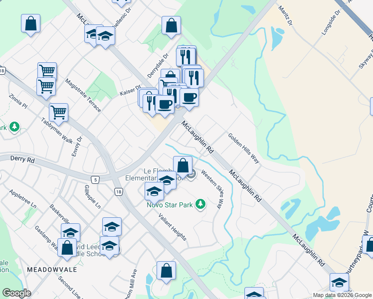 map of restaurants, bars, coffee shops, grocery stores, and more near 525 Novo Star Drive in Mississauga