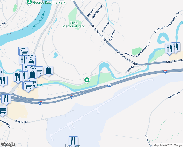 map of restaurants, bars, coffee shops, grocery stores, and more near Glen Road in Lebanon