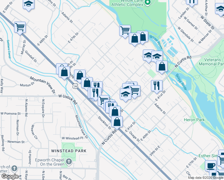 map of restaurants, bars, coffee shops, grocery stores, and more near 208 East 43rd Street in Boise