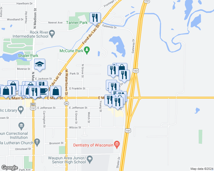map of restaurants, bars, coffee shops, grocery stores, and more near 10 Pluim Drive in Waupun