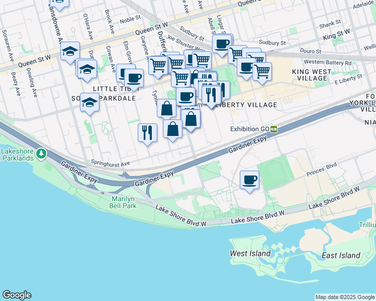 map of restaurants, bars, coffee shops, grocery stores, and more near 1 Springhurst Avenue in Toronto