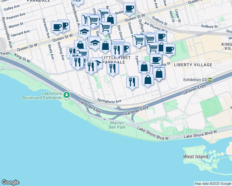map of restaurants, bars, coffee shops, grocery stores, and more near 93 Dunn Avenue in Toronto