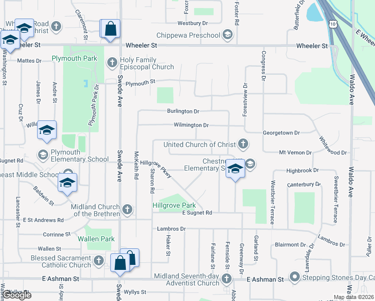 map of restaurants, bars, coffee shops, grocery stores, and more near 2122 Laurel Lane in Midland