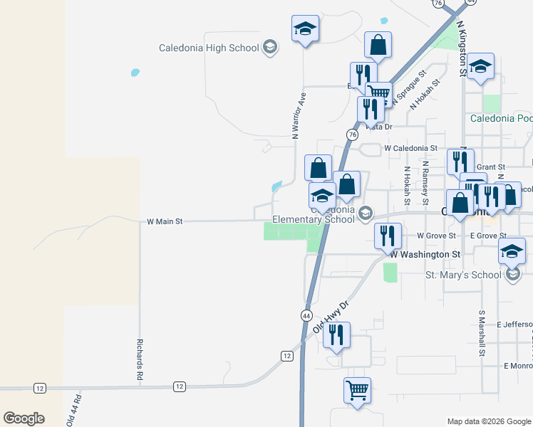 map of restaurants, bars, coffee shops, grocery stores, and more near 103 North Gjere Avenue in Caledonia