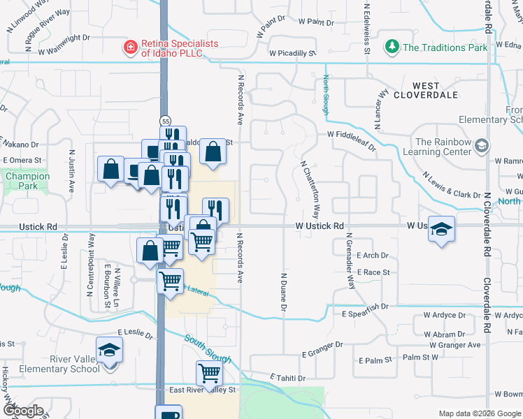 map of restaurants, bars, coffee shops, grocery stores, and more near 13312 West Fernleaf Street in Boise