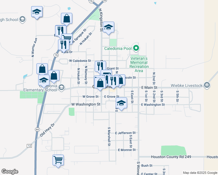 map of restaurants, bars, coffee shops, grocery stores, and more near 231 East Main Street in Caledonia