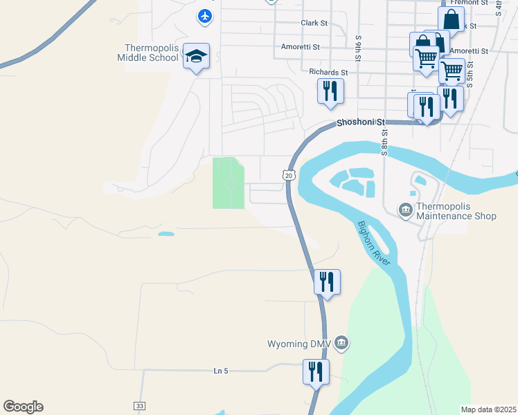 map of restaurants, bars, coffee shops, grocery stores, and more near 122 U.S. 20 in Thermopolis