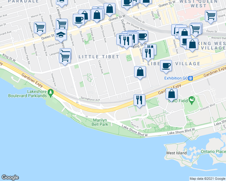 map of restaurants, bars, coffee shops, grocery stores, and more near in Toronto