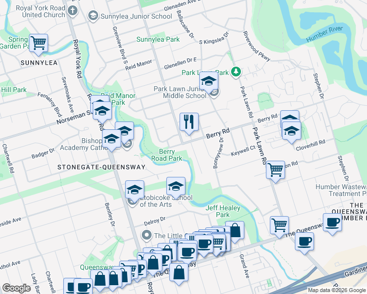 map of restaurants, bars, coffee shops, grocery stores, and more near 246 Berry Road in Toronto