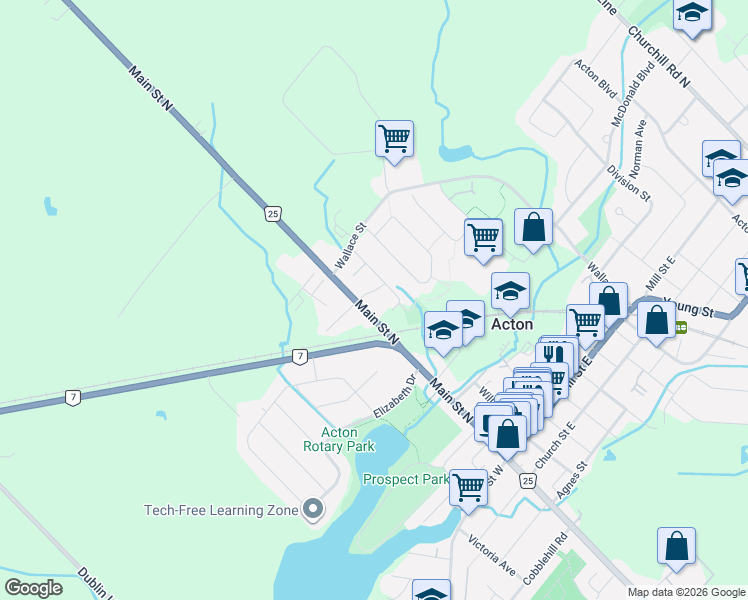 map of restaurants, bars, coffee shops, grocery stores, and more near 6153 22 Side Road in Acton