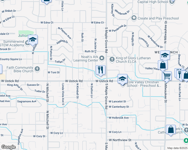 map of restaurants, bars, coffee shops, grocery stores, and more near 3344 North Dalton Lane in Boise