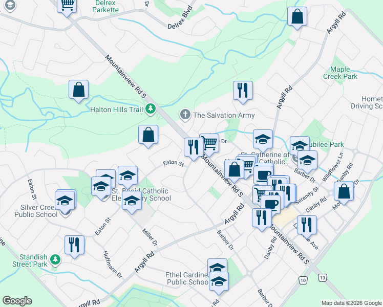 map of restaurants, bars, coffee shops, grocery stores, and more near 243 Barber Drive in Halton Hills