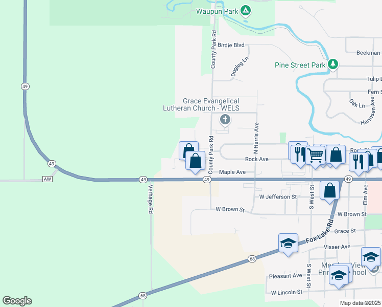 map of restaurants, bars, coffee shops, grocery stores, and more near 1109 Rock Avenue in Waupun