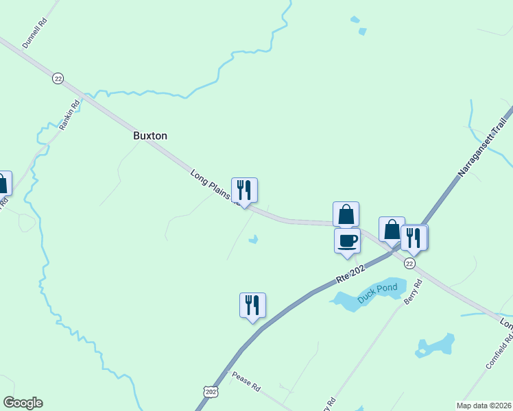 map of restaurants, bars, coffee shops, grocery stores, and more near 1306 Long Plains Road in Buxton