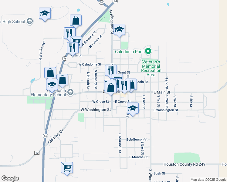 map of restaurants, bars, coffee shops, grocery stores, and more near 118 South Kingston Street in Caledonia