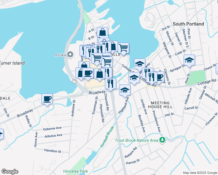 map of restaurants, bars, coffee shops, grocery stores, and more near 225 Ocean Street in South Portland